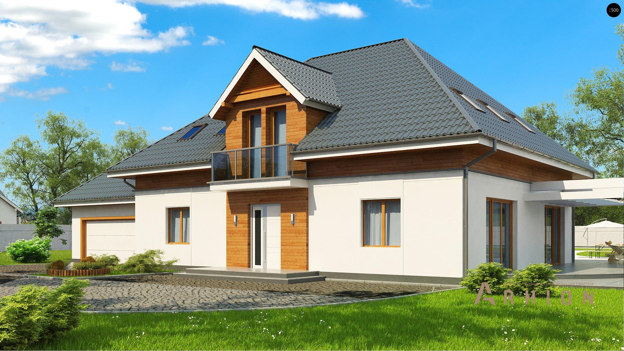 2. Проект одноэтажного дома в альпийском стиле с четырехскатной, Z50 A, площадью - 343 кв c мансардой, терассой, балконом, гаражом